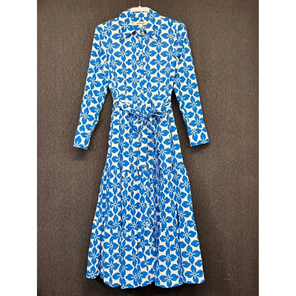 Boden Blue White Floral Cotton Tiered Midi Shirt Dress Pockets US 2R D0468